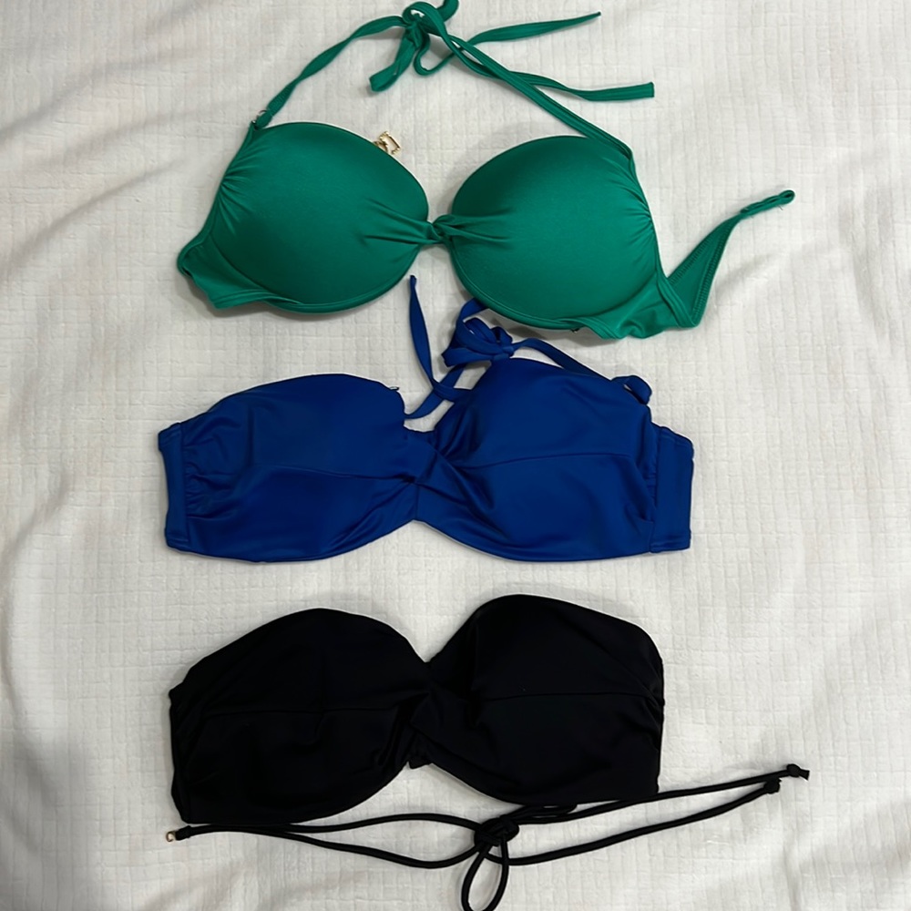 VS 34D bikini tops: two bandeaus w/ halter string blue/black, one halter green